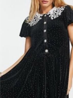 Sister Jane mini tea dress with embroidered collar in black velvet with sparkles